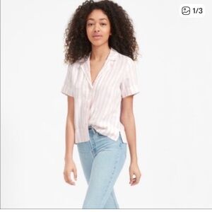 Everlane Pink White Stripes 100% Linen Boxy Relaxed Fit Summer The Notch Shirt 6